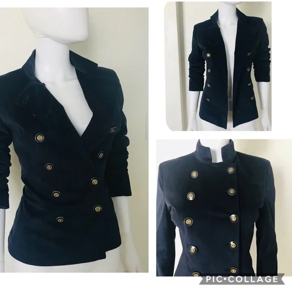 NWT WOMEN VELOUR BLAZER DOUBLE-BREASTED‎ LINED MILITARY JACKET IN NAVY - Picture 3 of 6